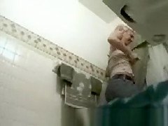 Blond big tit hidden bathroom cam