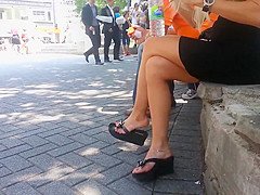 Candid Blonde Shoeplay Dangling Flip Flops Feet Face