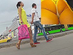 Hot upskirts with slender brunette in yellows dress