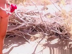 Man wanks his cock while watching chubby mature nudist