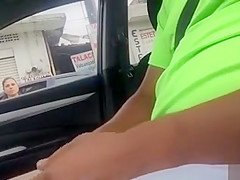 Naughty flasher strokes his small cock on an unsuspecting brunette