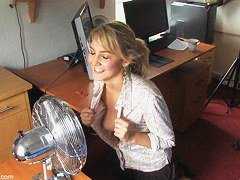 Nice looking blonde and her fan in down blouse play