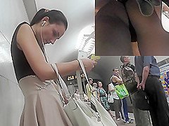 Skinny brunette takes in amazing upskirt porno