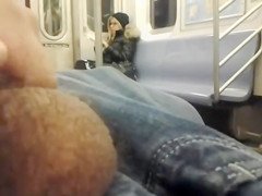 Stroking cock to the hot blonde on the subway