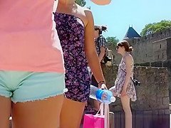 Tight blue shorts cameltoe and ass