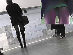 Upskirt in public with slender babe in sexy boots