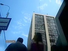 Woman upskirted in sidewalk